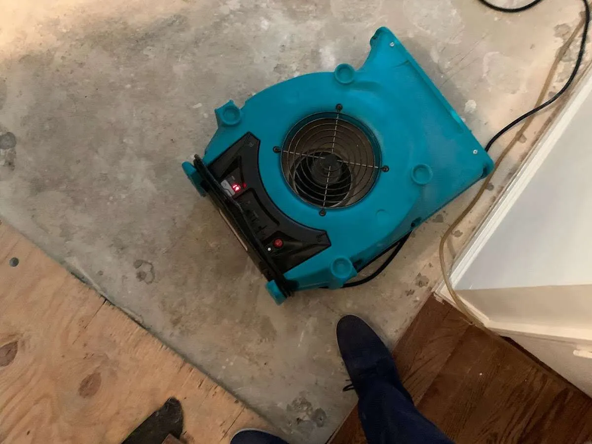 Air mover drying subfloor during Commercial Water Damage Restoration in Aubrey